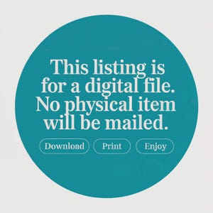 Puede incluir: Un c&iacute;rculo azul turquesa con texto blanco que dice "Esta lista es para un archivo digital. No se enviar&aacute; ning&uacute;n art&iacute;culo f&iacute;sico." Hay tres botones blancos que dicen "Descargar", "Imprimir" y "Disfrutar".