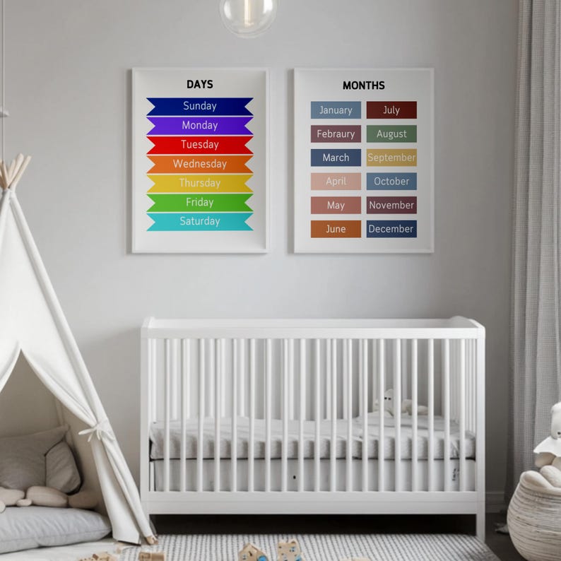 Puede incluir: Dos gr&aacute;ficos coloridos con los d&iacute;as de la semana y los meses del a&ntilde;o. El gr&aacute;fico de los d&iacute;as de la semana tiene un esquema de colores arco&iacute;ris y el gr&aacute;fico de los meses del a&ntilde;o tiene un esquema de colores azul, verde y marr&oacute;n.
