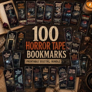 Puede incluir: Una colección de marcapáginas rectangulares con ilustraciones de temática de terror y títulos como The Empty Theater, Night Shift y The Red Button. El texto 100 HORROR TAPE BOOKMARKS PRINTABLE DIGITAL BUNDLE está centrado en el medio.