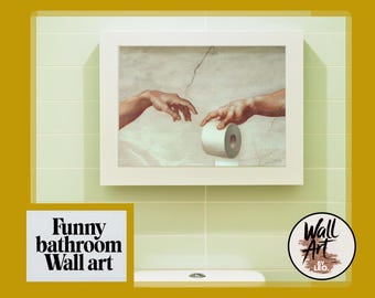 面白いバスルームの壁アート | トイレットペーパーを使ったミケランジェロのパロディ | ユーモラスなトイレのプリント | インスタントデジタルダウンロード | オリジナルギフト