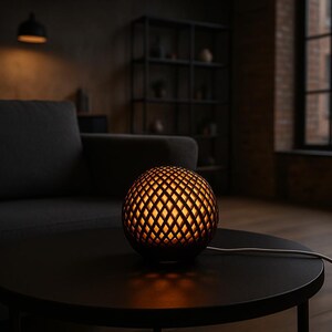 Könnte beinhalten: Dekorative, kugelförmige Lampe mit geometrischem Gittermuster. Die Lampe strahlt ein warmes, orangefarbenes Licht aus und schafft eine gemütliche Atmosphäre. Sie steht auf einem dunklen, runden Tisch. Der Durchmesser der Lampe beträgt ca. 20 cm.