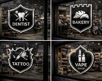 Personalized shop window emblem set for businesses, restaurants, and companies – including interior door emblems.