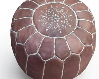 Moroccan Ottoman Pouf – Round Leather Floor Cushion, Boho Decor, Handmade Footstool, Living Room Seating, Storage Option