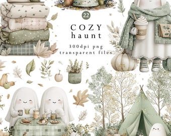 Cozy Ghost Clipart PNG | Watercolor Halloween Autumn Clip Art | Cute Ghost art Bundle