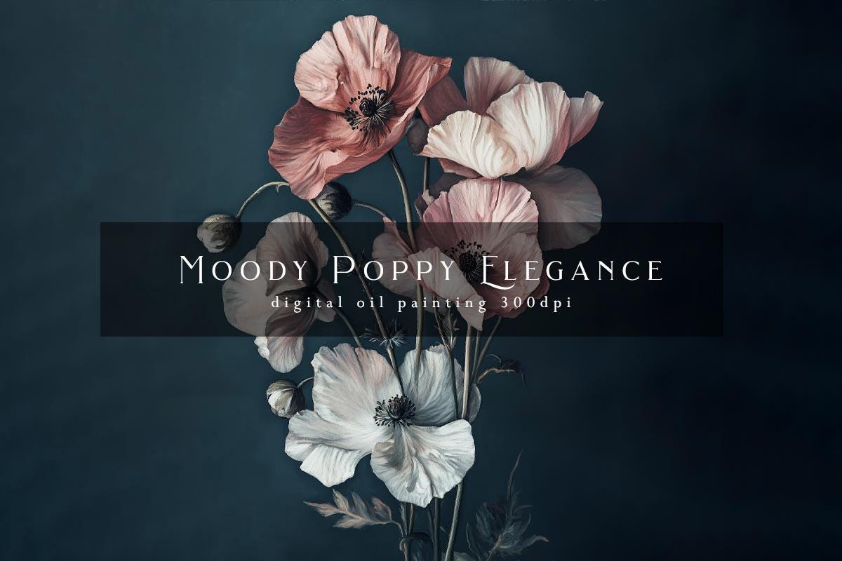 Moody Poppy Floral Art | Elegant Clipart for Cards, Envelope Liners and Prints