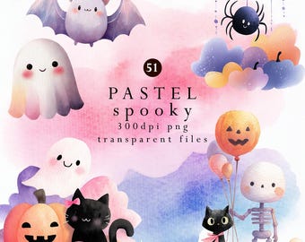 Pastel Halloween-clipart PNG-set met schattige geesten, pompoenen, katten, vleermuizen en aquarelelementen - pastel griezelig