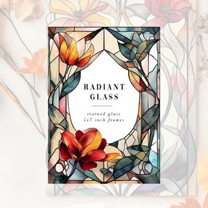 May include: A stained glass frame with a floral design in shades of red, orange, yellow, blue, and green. The frame is 5x7 inches and has the text "RADIANT GLASS" and "stained glass 5x7 inch frames".