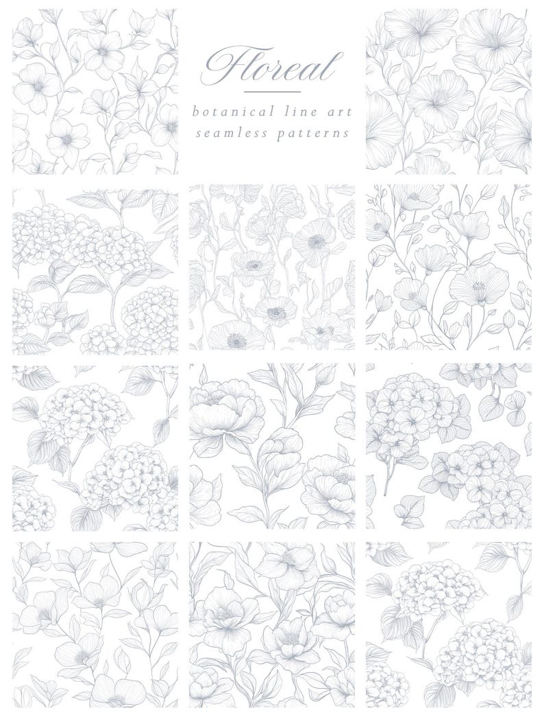 Botanical Line Art Patterns | Seamless Floral Digital Design | Elegant ...