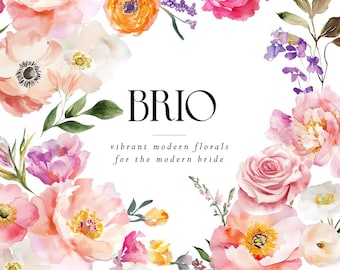 Bright Watercolor Floral Clipart | Peony Frames & Wreaths for Weddings | Digital clipart PNG
