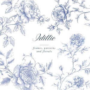 Floral bleu chinoiseries Clipart | Graphismes d'invitation de mariage d'inspiration vintage