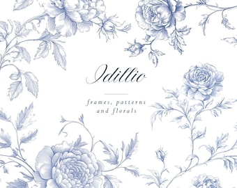 Clipart floreale blu chinoiserie / Grafica per inviti di nozze di ispirazione vintage