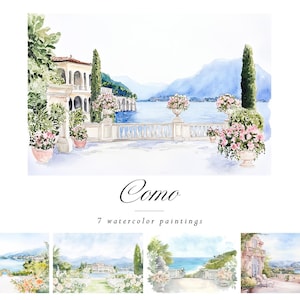 May include: A watercolour painting of a villa on Lake Como, Italy. The villa is white with a red roof and has a balcony overlooking the lake. There are flowers in pots on the balcony and in the foreground. The lake is blue and the mountains in the background are green. The text "Como" and "7 watercolour paintings" is written below the image.
