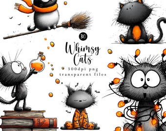Halloween Cat Clipart PNG | Cute Black Cat PNG Bundle | Whimsy Cats Collection