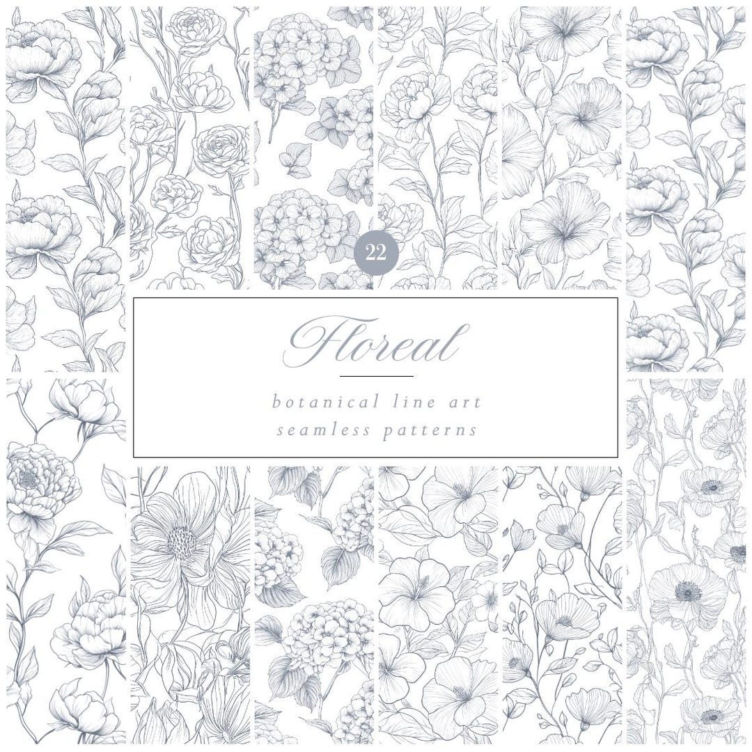 Botanical Line Art Patterns | Seamless Floral Digital Design | Elegant ...