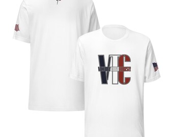 USA Christian T-Shirt | Victory Thru Christ (VTC) in Red White Blue | Unisex Bella Canvas Tee | Flag Sleeve Patriotic Faith Shirt