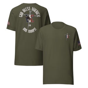 God Bless America and Our Troops T-Shirt – Patriotic Christian USA Shirt with Eagle and Cross | Victory Thru Christ Tee