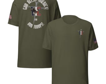 God Bless America and Our Troops T-Shirt – Patriotic Christian USA Shirt with Eagle and Cross | Victory Thru Christ Tee