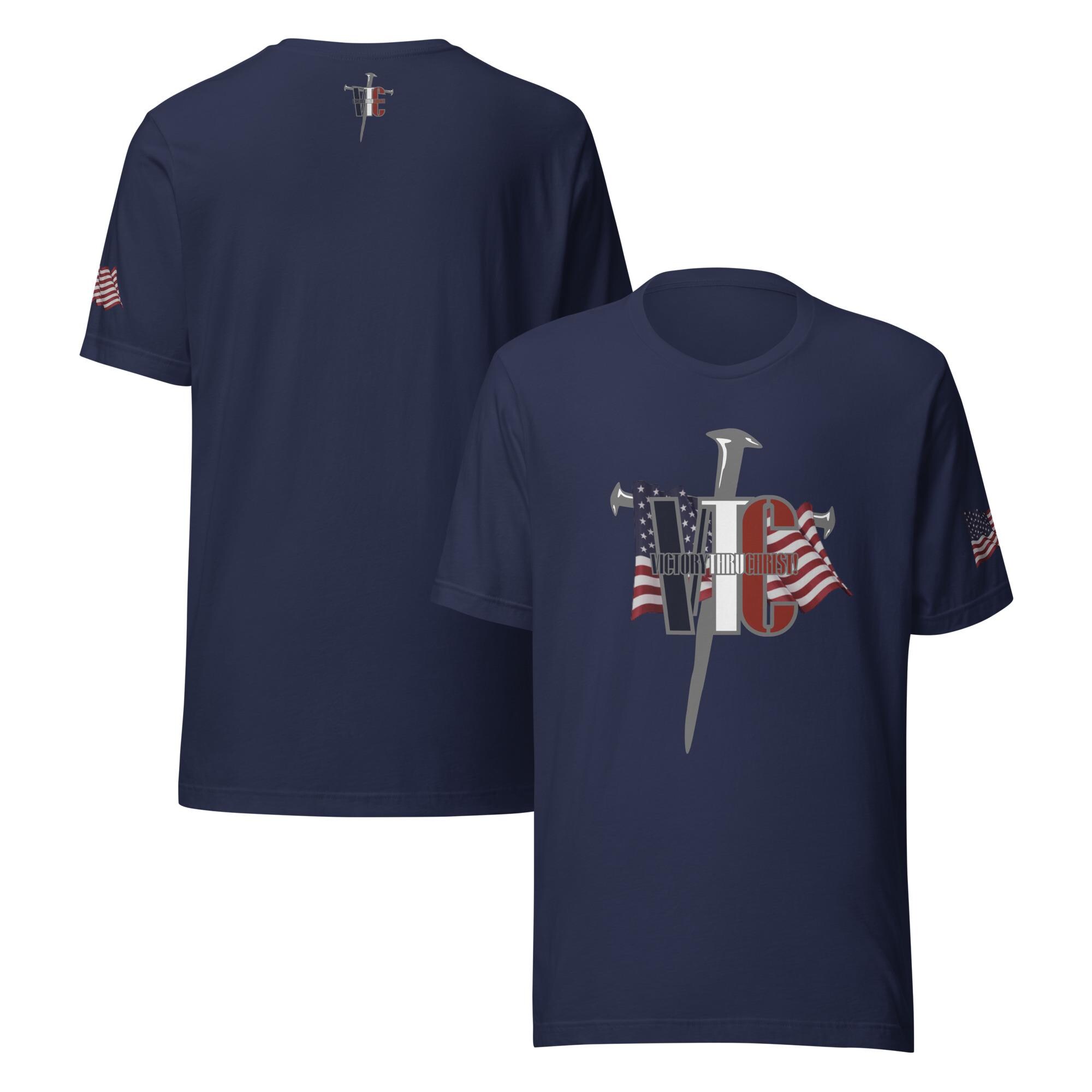 Victory Thru Christ Flag T-Shirt | Christian Patriotic Tee | VTC Cross Logo Red White Blue w/ USA Flag | Bella+Canvas Unisex | Faith Gift