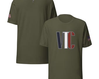 USA Christian T-Shirt | Victory Thru Christ VTC in Red White Blue | Unisex Bella Canvas Tee | Flag Sleeve Patriotic Faith Shirt