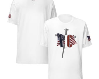 Victory Thru Christ Flag T-Shirt | Christian Patriotic Tee | VTC Cross Logo Red White Blue w/ USA Flag | Bella+Canvas Unisex | Faith Gift