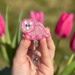 Pink Glitter Dinosaur Badge Reel: Handmade Retractable ID Holder