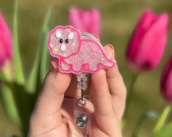 Pink Dinosaur Badge Reel, ID Badge Holder, Nurse Teacher Doctor Gift, Pink Retractable Reel