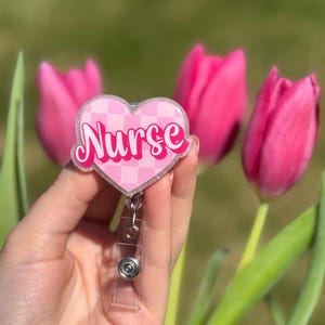 Pink Checkered Nurse Badge Reel, ID Badge Holder, Nurse Teacher Doctor Gift, Pink Retractable Reel