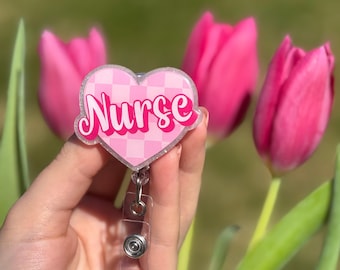 Pink Checkered Nurse Badge Reel, ID Badge Holder, Nurse Teacher Doctor Gift, Pink Retractable Reel