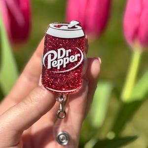 Dr Pepper Glitter Badge Reel, Soda Can ID Holder