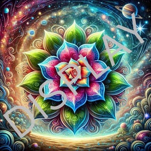May include: A colorful, abstract flower with swirling patterns and vibrant colors, set against a background of a galaxy with stars and planets.