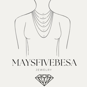 May include: A line drawing of a person wearing a necklace with measurements in inches from 14 to 24 inches. The text "MAYFIVEBESA JEWELRY" is below the image. A diamond shape is below the text.