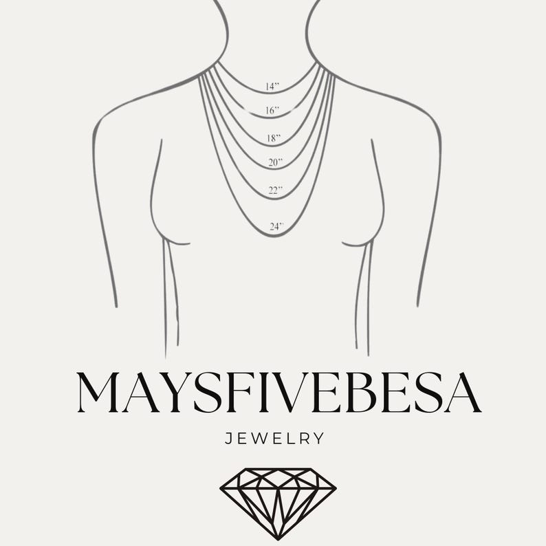 May include: A line drawing of a person wearing a necklace with measurements in inches from 14 to 24 inches. The text "MAYFIVEBESA JEWELRY" is below the image. A diamond shape is below the text.