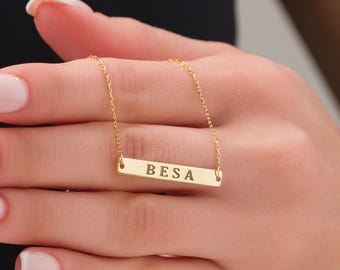 Personalized Bar Necklace, 14K Gold Bar Necklace,Laser Engraved Pendant,Stacking Necklace,Christmas Gifts Engraved Bar Necklace Mother's Day