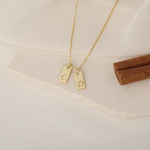 Dainty Initial Tag Necklace by Caitlyn Minimalist • Custom Engraved Letter Pendant Necklace in Box Chain • Bridesmaid Gifts Christmas Gifts