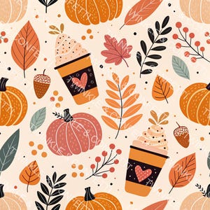 Pumpkin Spice Latte Seamless Pattern – Scandinavian Fall Aesthetic | High-Resolution PNG 300dpi Surface Fabric Design