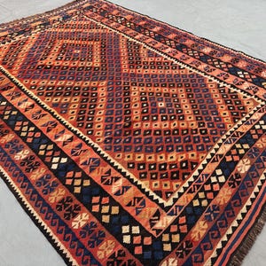 Handgefertigter 7 x 9 ft Wollteppich Flachgewebe Kelim / Geometrischer Kelim Teppich / Vintage Kelim Teppich / Kilim Teppich