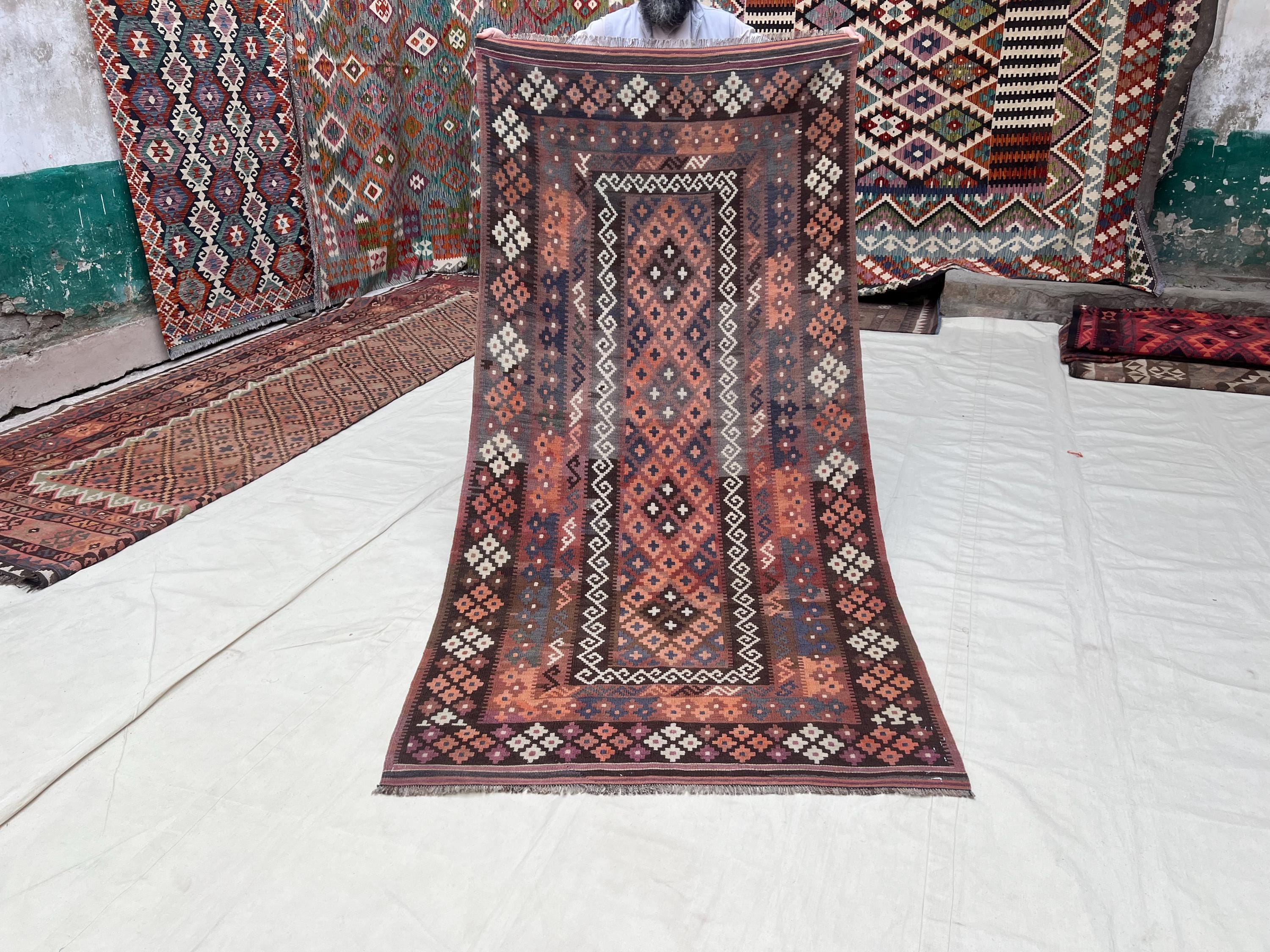 Vintage Afghan Tribal Kilim Rug – 4x8 Ft Brown Blue Flatweave