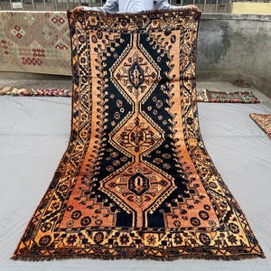 4.4x8.4 ft Vintage Shirazi Baluchi Wide Runner Rug Hand Knotted Antique Tribal Wool Carpet Perfect for Hallway, Entryway Rug Boho Home Decor