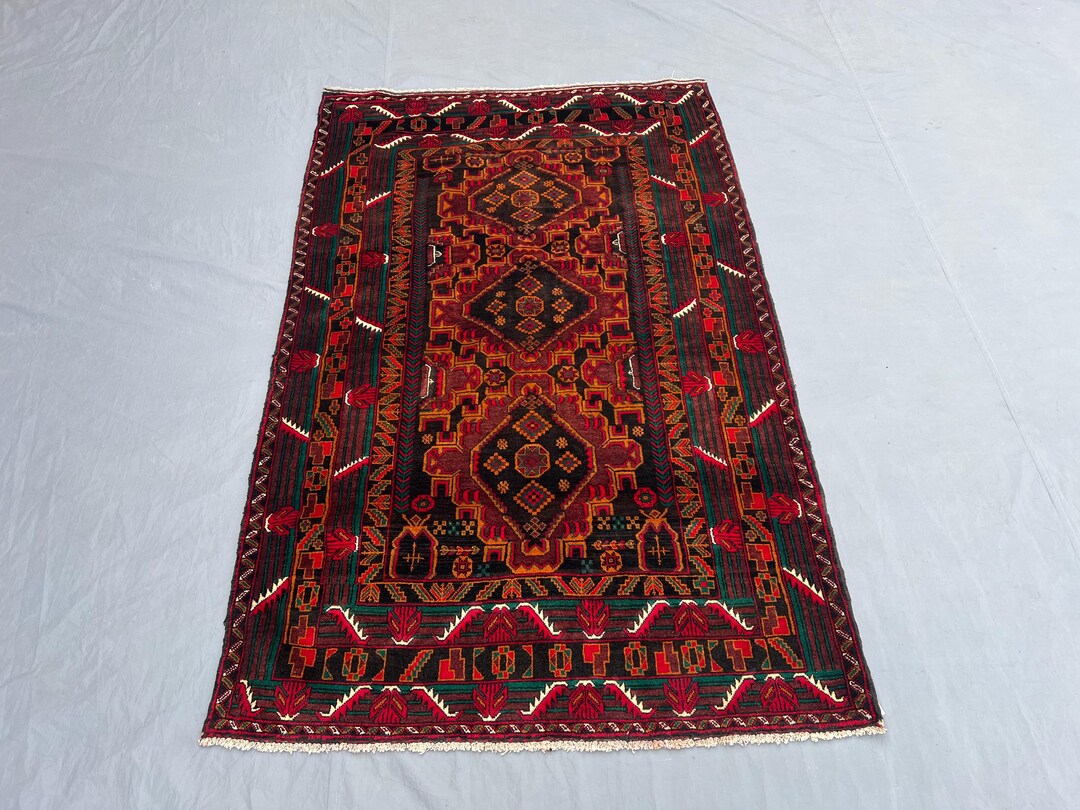 Tribal Baluchi Wool Rug 6x4 Ft _ Bold Geometric Medallion Design ...