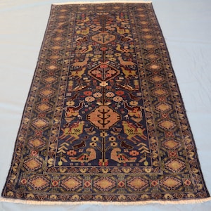 4x7 Antique Baluchi Pictorial Rug - Afghan Hand Knotted Wool Navy Blue Rug - Nomadic Tribal Vintage Soft Pile Rug - Bedroom Rug, Kitchen Rug