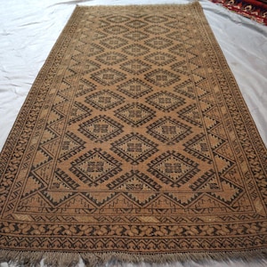 3.2x6.3 ft Terracotta Brown Hallway Rug - Afghan Bokhara Chinar Gul Rug - Hand Knotted Wool Low Pile Carpet - Faded Vintage Entryway Rug