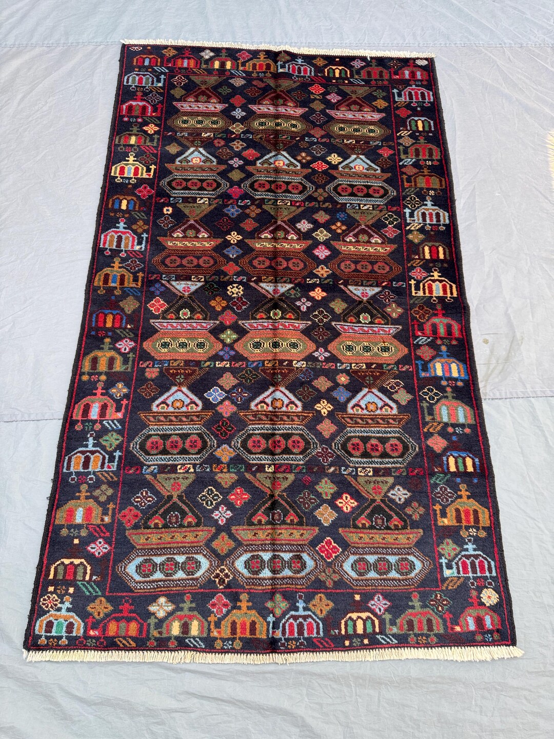 Vibrant Tribal Afghan Pictorial Area Rug With Colorful Crown and Floral ...