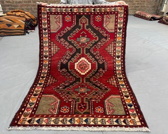 3x4 Ft Vintage Baluchi Tribal Rug - Stepped Medallion Design, Vintage Hand-Knotted Wool Rug for Living Room, Bedroom, or Traditional Decor