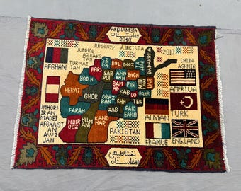 Rare Afghan Pictorial War Rug – Map of Afghanistan Design with Flags & Regions – Handcrafted Wool Art Carpet 3.2x2.5
