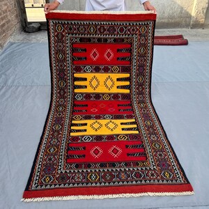 Vintage Afghan Kordi Sofra Kilim Rug 3x6 ft - Red Yellow Tribal Flatweave Carpet - Handmade Wool Vintage Nomadic Area Rug