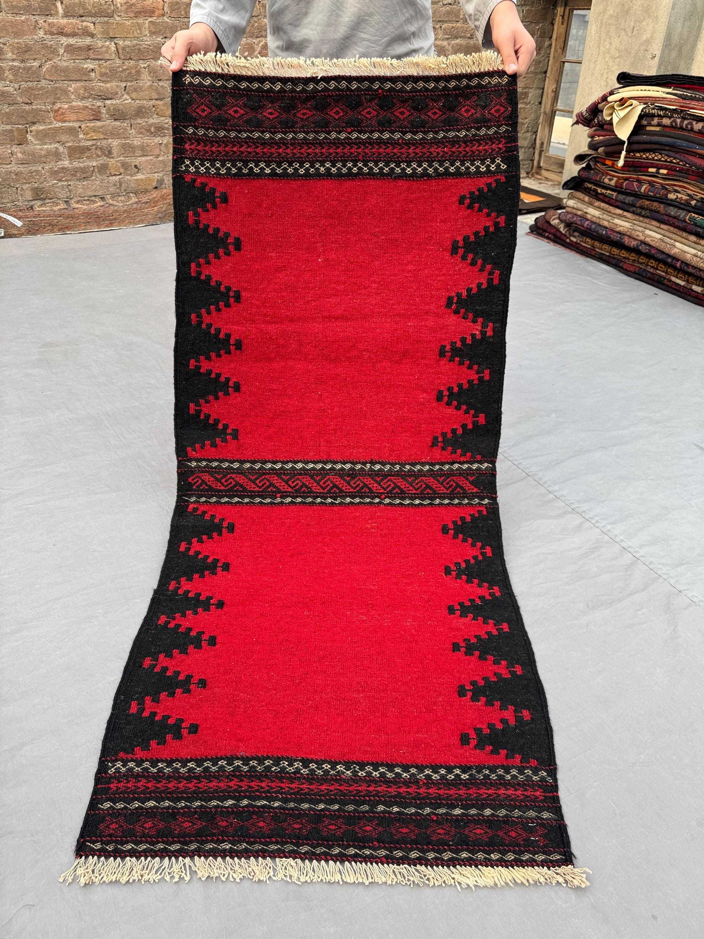 Vintage Afghan Kilim Runner Rug 4x2 Ft _ Red Black Tribal Flat