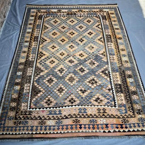 Antique Handmade 7x9 ft Brown Blue Kilim Rug, Flatweave with Bold Geometric Design Perfect for Bohemian Living Room, Bedroom Dining Room Rug