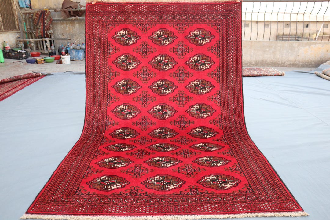 Waziri Rug 5x6 Red Bokhara Waziri Design Area Rug, Hand Knotted Organic Wool Rug ...