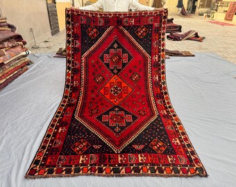 8x5 ft Handmade Afghan Tribal Rug - Red Black Wool Handmade Carpet - Geometric Red, Black & Orange, Bedroom Rug, Living Room Rug