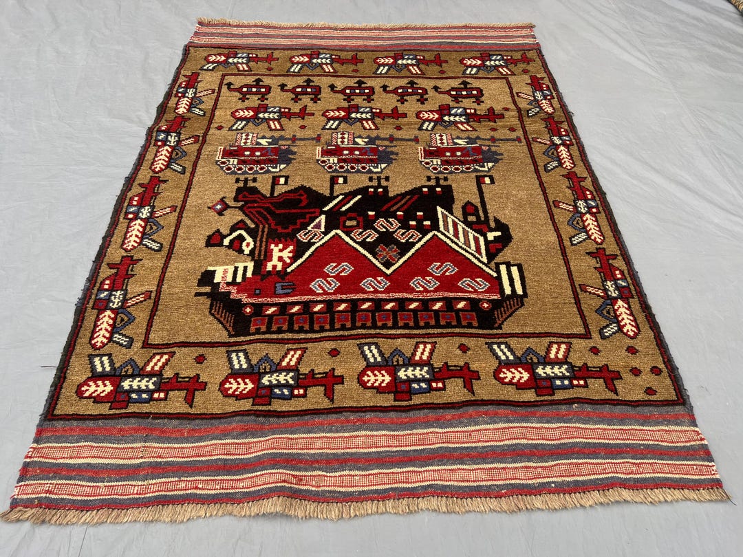 Millitary Rugs Antique Baluchi War Rug 5x4 Ft _ Handmade Wool Afghan Tribal Military ...